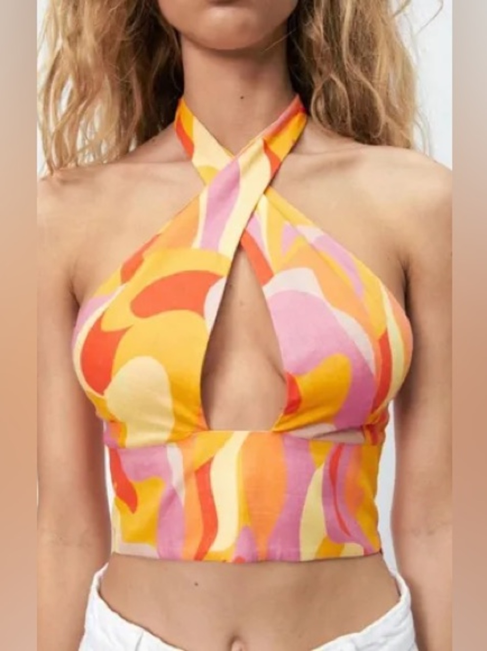Zara Multiway Halter Crop Top Orange Pink Psychedelic Swirl .